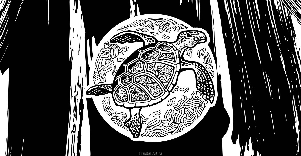 Рисунок тушью. Декоративная черепаха в круге.
