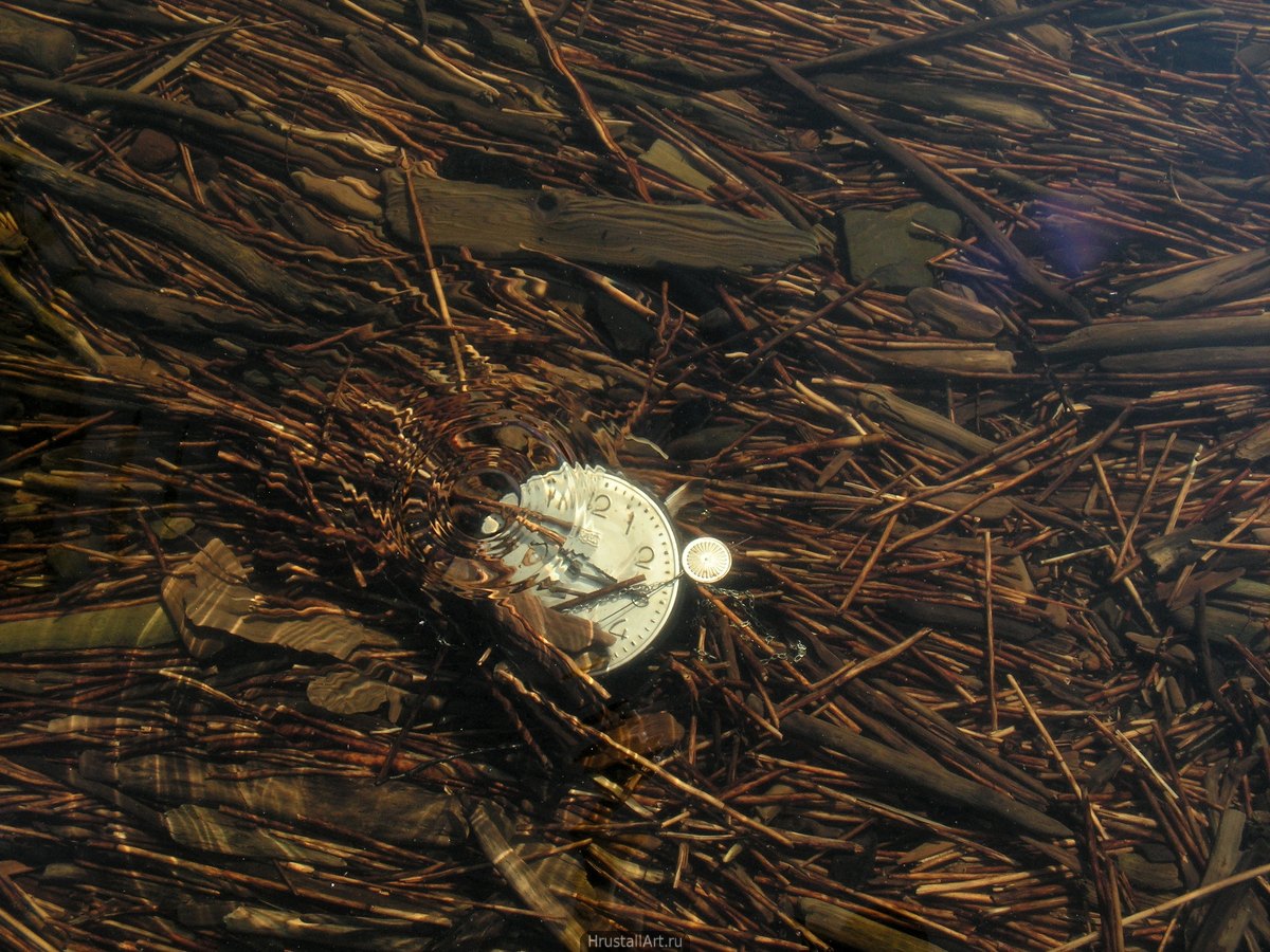 Старые сломанные часы лежат на дне озера среди природного мусора. По поверхности воды разбегаются круги.