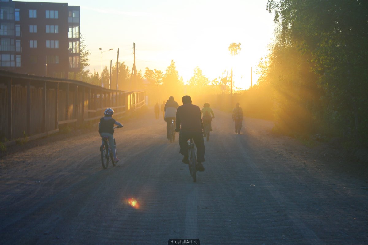 Фотография, пыльная дорога в закатном свете, на дороге видны силуэты путников и велосипедистов.